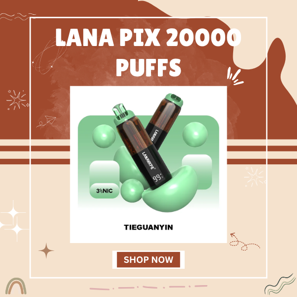Close-up shot of Lana Pix 20000 Puffs disposable vape featuring the foldable mouthpiece and smart digital screen.