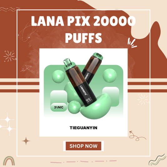 Close-up shot of Lana Pix 20000 Puffs disposable vape featuring the foldable mouthpiece and smart digital screen.