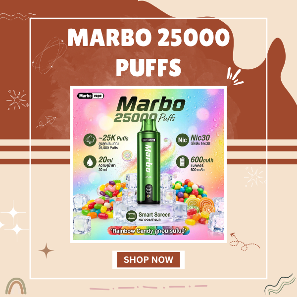 Marbo 25000 Puffs disposable vape device with smart LED display showing battery and juice levels