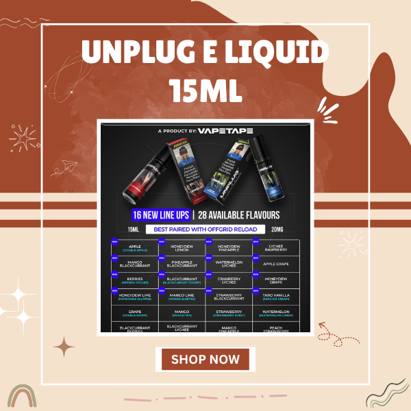 ASDF Vapetape UNPLUG E-Liquid 15ml 20mg Nic Salt Bottle for Offgrid Reload